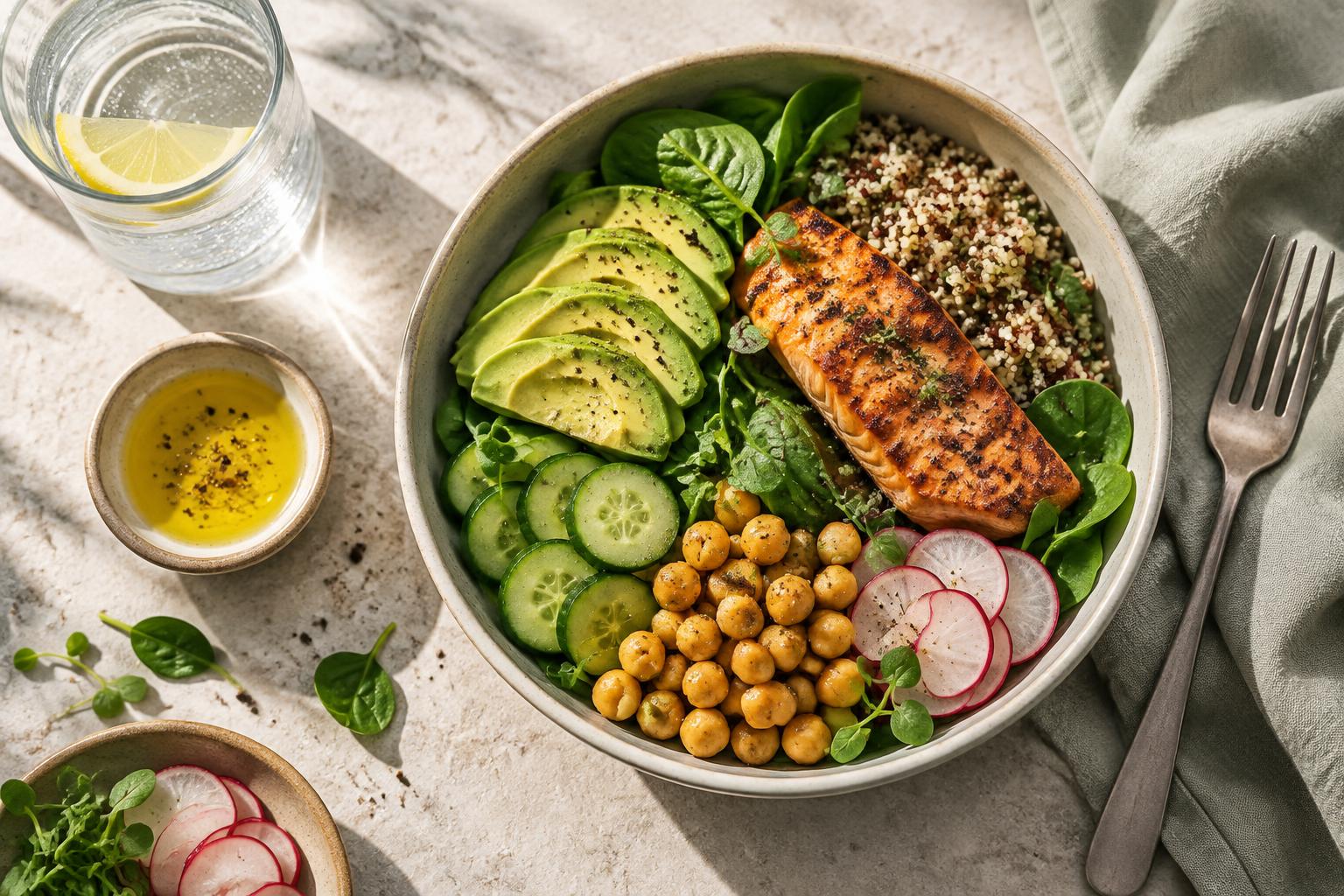 Balanced lunch with salmon, avocado, vegetables, chickpeas and quinoa
