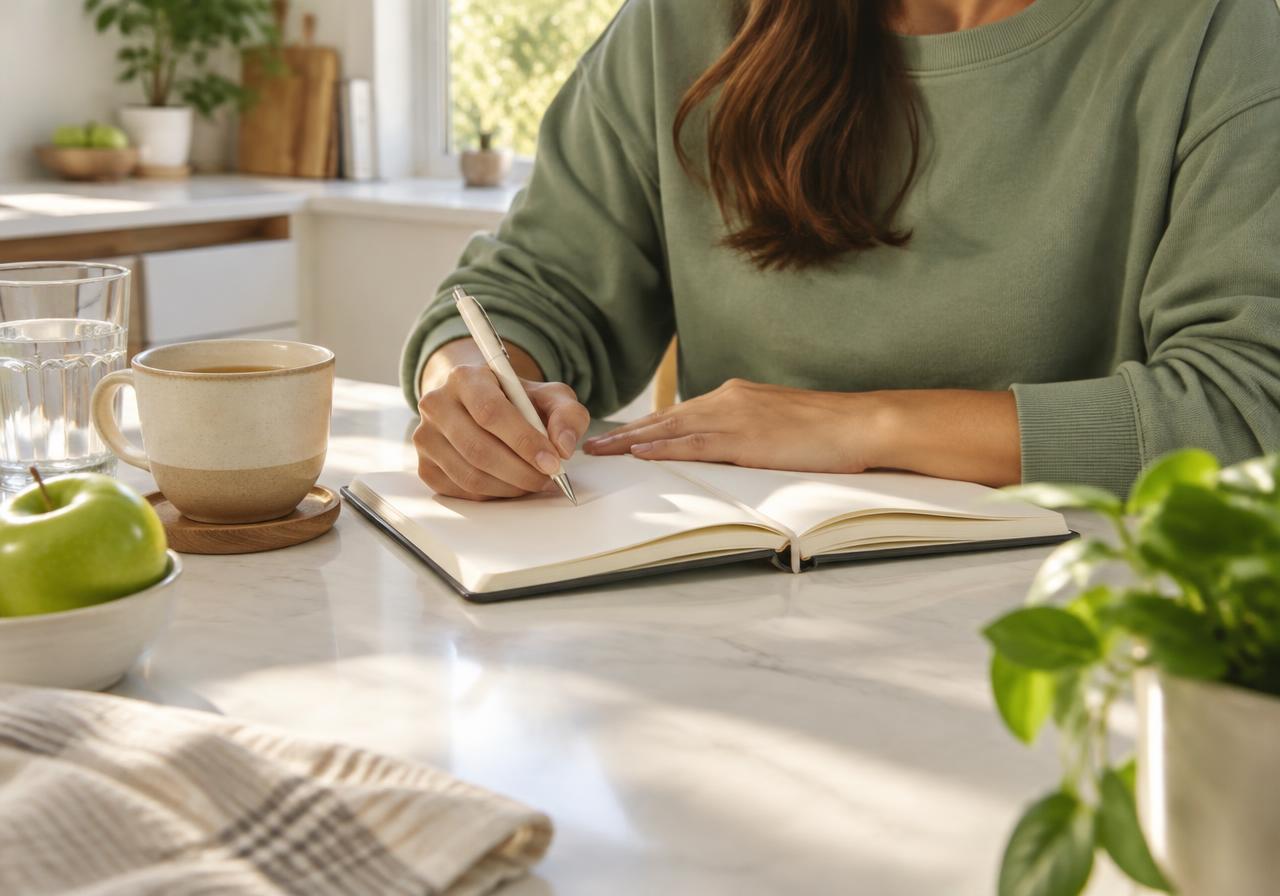 Hands writing in a journal beside tea, water and an apple during a quiet morning